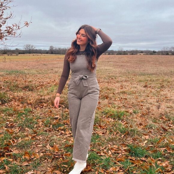 Women\'s Cotton Denim Overalls | Belted Jumpsuit | Charcoal Brown main image 9
